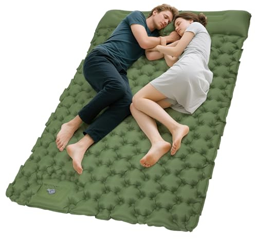 KingCamp Double Sleeping Pad for Camping, Inflatable Queen Camping Mattress 2 Person with Pillow Built-in Foot Pump, Ultralight Connectable Camping Mat for Backpacking, Hiking, Tent, Cot (Olive)