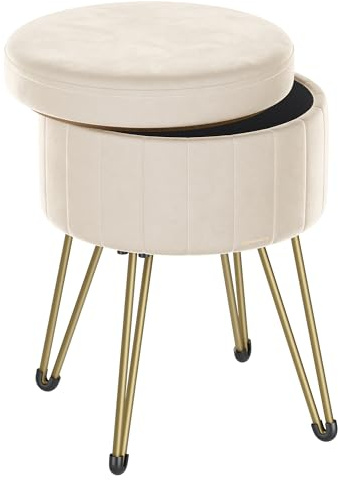 SONGMICS Storage Ottoman, Velvet Dressing Table Stool, 39 x 44.4 cm (Dia. x H), Round Storage Stool Seat, 4 Metal Legs, for Dressing Room, Living Room, Bedroom, Cream White LOM003W51