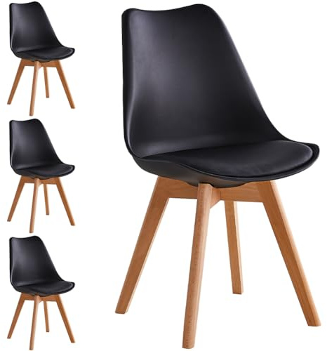 Shally Dogan Set 4 Sedie per Sala da Pranzo con Piedi in Legno e Seduta con Morbida Imbottitura, Sedia Design Nordico, Poltrona Stile Scandinavo Ideale per Cameretta, Cucina, Ufficio (Nero)