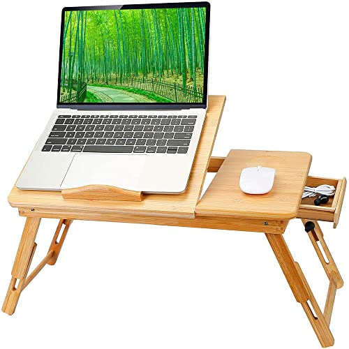 Sängbord, litet bord för bärbar dator i bambu, surfplatta, frukostbricka, liten låda, bordsskiva, justerbar bärbar för dator-66 x 30 x 35 cm i träfärg