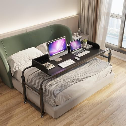 Table de lit réglable sur roulettes pour lits jumeaux/double/grand lit/king size Table médicale à roulettes avec bureau d'ordinateur et plateau de nourriture réglable en hauteur 115 à 210 cm Couleur :