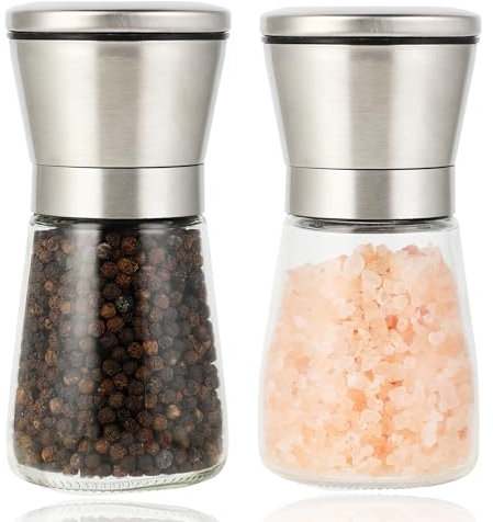 2 Pièces Moulin à Poivre - Salières et Poivrières - Poivrier, 180 ml*2, en Acier Inoxydable et Verre, Mécanisme de Broyage en Céramique Réglable, Idéal pour Moudre et Recharger Sel, Poivre et Piment