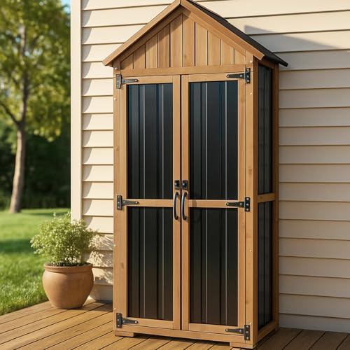 Ketive Outdoor Storage Cabinet, Wood & Metal Storage Shed with Weather-Resistant Roof, Adjustable Shelf, Lockable Doors & Adjustable Feet, for Garden, Patio, Backyard, 27.5 x 13 x 67