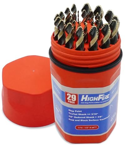 HIGHFIRE 29 Pieces HSS Stepped Point Drill Bit Set 1/16-1/2, Gold and Black 3-Flat Shank for Metal, Steel & Acrylic - No Pilot Hole Needed - Industrial, MRO & DIY Use