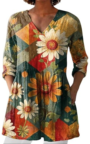 Camicette Donna Curvy Lungo Traspirante Elegante Leggero Tunica Classica Casual Oversize Comodo Blusa Moda Spiaggia con Bottoni Camicia in Lino Ufficio Maniche Lunghe Vacanza Fantasia T Shirt