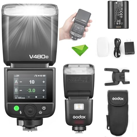 Godox V480 C V480-C TTL Touchscreen Flash for Canon Cameras, GN50 1/8000 HSS, 650 Full Power Flash, 1.7s Recycle Time, 2.4G Wireless, Built-in Modeling Light, 7.2V/2200mAh Li-ion Battery Speedlight