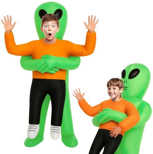 Green Alien Inflatable Costume Kids - Blow up Alien Costume Kids Halloween Outfits - Martian Holding Child Inflatable Fancy Dress Funny Halloween Outfit - Blow Up Extraterrestrial Kidnapping Cosplay