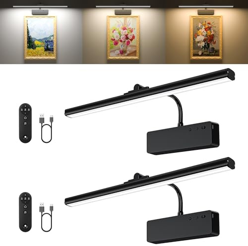 Picture Light, 15.35inch Wireless Picture Lights for Wall Rechargeable, 5400mAh Battery Wall Light with Remote, 3 Color Art Lighting for Paintings with Timer and Dimmable Artwork Display (Black-2PCS)
