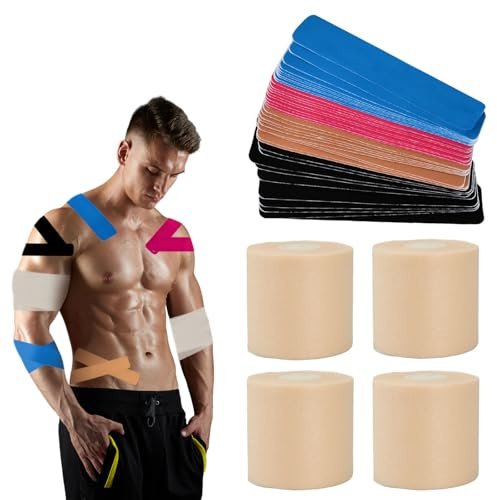 4 Rollos Vendaje Deportivo de Espuma con 40 Piezas Cinta de Kinesiología Tape, Vendaje Kinesiologico, Kinesiotape Impermeable, Kinesiology Tape Elástica, Kinesiotape Set para Hombros Rodilla Codo
