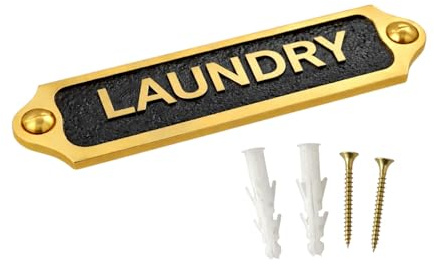 LAUNDRY Brass with Black Door Sign Plaque | Metal Wall Mounted Utility Room Name Plate with Screws | Classic Room Signage for Home Apartment Office | 22 x 5 cm | LAUNDRY