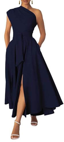 Ekaliy Women's Long Formal Dress One Shoulder Belted Wedding Guest Dress