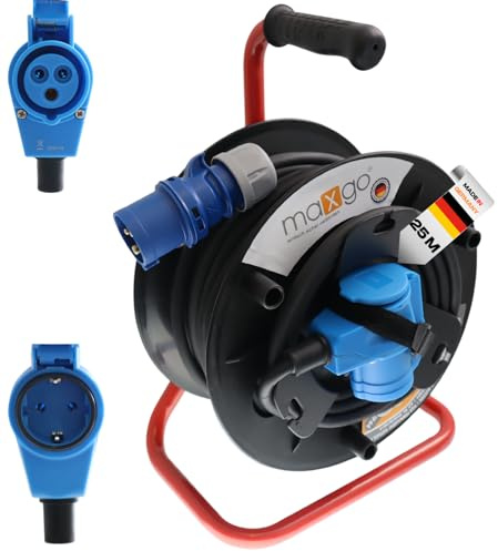 maxgo CEE-Camping Kabeltrommel Verlängerungskabel H07RN-F 25m CEE-Winkelkupplung/Schutzkontaktdose 230V Adapter Wohnwagen Trommel Kabelrolle außen IP44