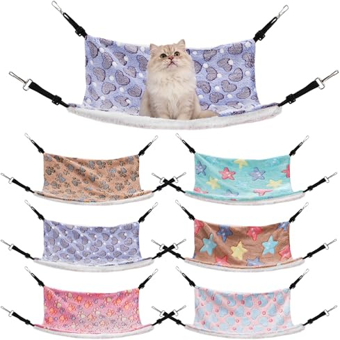 Covzoe 6 Pieces Cat Hammock for Cage, Reversible Soft Pet Hanging Bed with Adjustable Strap, Double Sided Small Animal Sleeping Hammock for Cat Ferret Puppy Rabbits