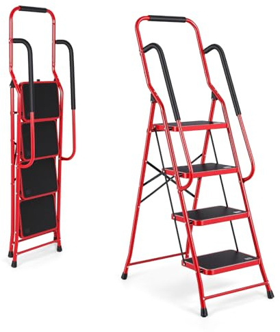 Step Ladder 4 Step Folding with Handrails, Sturdy Steel Portable Ladder, Folding Step Stool with Wide Anti-Slip Pedal, Lightweight Step Stool Foldable for Library Home Garage Office, Red