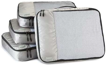 Amazon Basics Packwürfel Set für Koffer, Reise Organizer, Reißverschluss, 4 Teilig, Groß, Grau