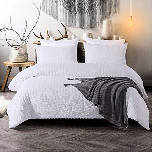Funda nórdica Seersucker clásica blanca para adolescentes Adultos Juego de ropa de cama plisada con 2 fundas de almohada Funda clásica de edredón Fruncido y engarzado Tamaño doble 200 × 200 cm