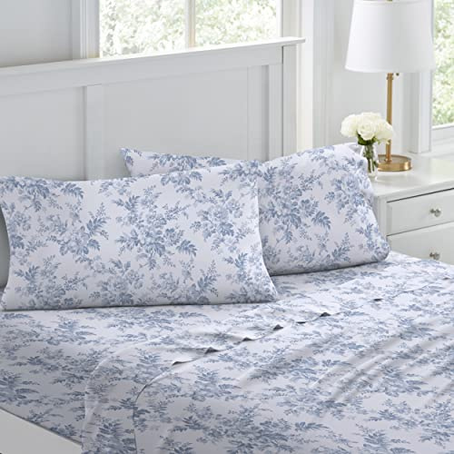 Laura Ashley Juego de sábanas tamaño Individual, Ropa de Cama de Franela de algodón, Cepillado para Mayor suavidad y Comodidad (Color Azul Vanessa Blue)