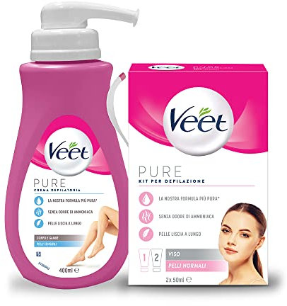 Kit Corpo&Viso, Veet Crema Depilatoria Pelli Sensibili, per Gambe, Braccia, Ascelle e Zona Bikini, 400 ml + Veet Pure Depilazione Viso, Crema Depilatoria e Crema Post Epilazione, 2x 50 ml