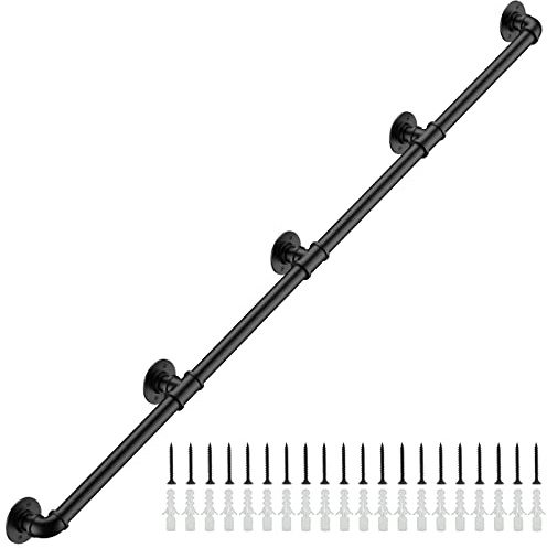 Groking 13FT Industrial Stair Railing Wall Mount Staircase Handrail φ1.3 Pipe Hand Rail for Steps Grab Bar Foot Rail Vintage Pipe Railing Black Deck Handrail for Outdoor Indoor Stairs Porch