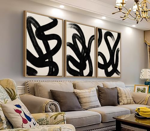 Framed Wall Art Canvas Set Abstract Lines Pictures Modern Mid Century Boho Wall Decor Minimalist Abstract Black Stroke Lines Canvas Painting Artwork Living Room Bedroom Home Office 20x28x3 Natural