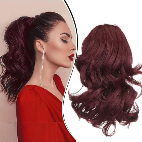 Dcbaboo Postiche Queue de Cheval Extension Cheveux Naturel Courts Ondulé Bouclés 45cm Rajout Ponytail Synthétique, Vin Rouge