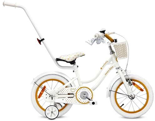 sun baby Heart Bike Vélo Enfant Fille 14 Pouces, dès 3 Ans, avec roulettes stabilisatrices, Barre de poussée, Panier, Sonnette, Frein V-Brake (Or Blanc, 14 Pouces)