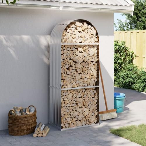 DJEKA Kaminholzregal aus Stahl Holzunterstand Kaminholzregal Aussen Metall Brennholzregal Außen Feuerholzregal Outdoor Verzinkter Stahl-Silber-80 x 45 x 190 cm