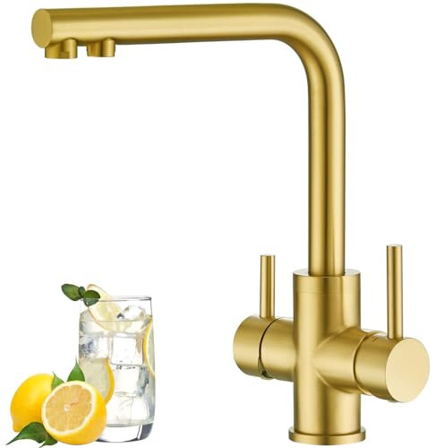 CREA Grifo Cocina 3 Vías Osmosis, Grifo Osmosis Fregadero Giratorio a 360°, Grifo de Cocina Tre Vías con Dos Asas, Grifo Cocina Fregadero Tre Vías,Oro cepillado