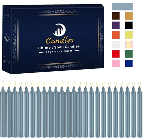 Kunrsug Confezione da 24 candele argentate per incantesimi – Mini candele coniche non profumate di alta qualità per rituali, preghiera, compleanni, meditazione, altare, incantesimi, carillon – alte 10
