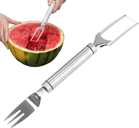 Taglierina per anguria in acciaio inossidabile, tagliafrutta | Forchetta per tagliare l'anguria estiva 2 in 1,Taglierina portatile per affettatrice per forchette di frutta in acciaio inossidabile per