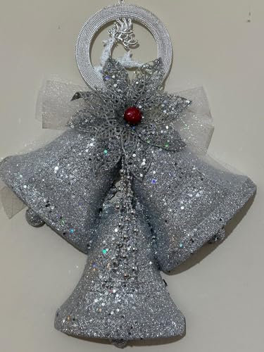 AAMERa Silver Glitter Christmas Bells Ornaments Pendant, 40 cm Large Hanging 3Jingle Bells Xmas Bell with Ribbons, Silver Beads for Christmas Tree, Door, Home Decor
