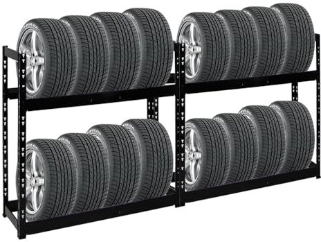 PROREGAL Mega Deal 2X Étagère à pneus Tiger | HxLxP 100x110x35cm | Charge Max. 150kg | Jusqu'à 16 pneus | 2 Niveaux | Noir | Porte-Pneu, Rack à pneus, rayonnage, Stockage, Rangement, Support, Atelier