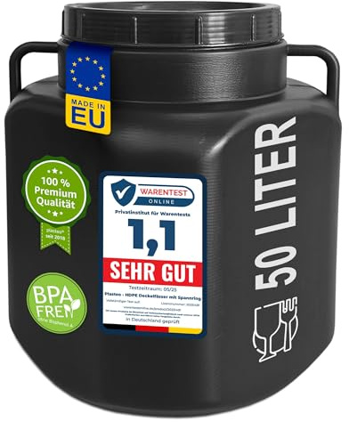 plasteo 50 Liter Wasserfass Weithalsfass Eckig Schwarz, Lagerfass Futtertonne mit Deckel und Griffen