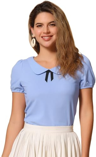 Allegra K Top de Blusa con decoración de Lazo elástico de Manga Corta con Cuello Plano para Mujer Disfraz de Navidad, Azul Claro L