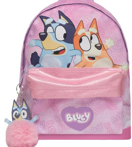 BlueY & Bingo Pinker Rucksack – Kindergarten- & Schulrucksack mit glitzerndem Frontfach, Flaschenhalter & Pompon-Schlüsselanhänger – Offizieller Rucksack für Mädchen & Jungen, ab 3 Jahren