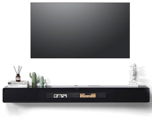 Ahtadums Massivholz TV Lowboard Hängend schwarz, TV Schrank hängend mit 2 Schubladen TV Board hängend, Mit Glastürfüllung, komplett montiert (Schwarz, 120cm)