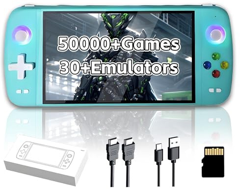 M27 Retro Handheld Gaming Console,50000+ Games,30+ Emulators,1024*600P 7″ IPS Screen Retro Game Console,16 million color RGB rainbow light Portable Video Gaming Console,EmuELEC System (Green-256G)