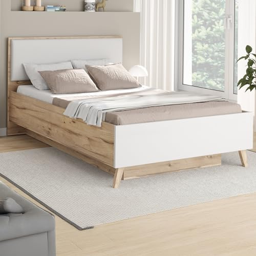 Forte VANKKA Bettgestell, Liegefläche: 120 x 200 cm, modernes Bett mit Polsterkopfteil, Schlafzimmer, Holzwerkstoff, Planked Eiche Holzdekor, 127,4 cm breit x 94,2 cm hoch x 206,5 cm tief