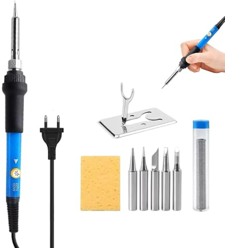 9 Pcs Soldadores de Estaño con 5 Puntas, Soldador Estaño 60W Kit del Soldador de Estaño Temperatura Ajustable 200-450°C con Interruptor ON/OFF Alambre de Soldadura para El Uso Diversamente Reparad