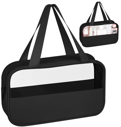 elzle Borse da Toilette Trasparente,Beauty Case da Viaggio, Borsa Portatile per Trucchi,Necessaire da Viaggio Essenziale,in PVC+PU Appendibile Trasparente Impermeabile per Cosmetici, Donna/Uomo(nero)