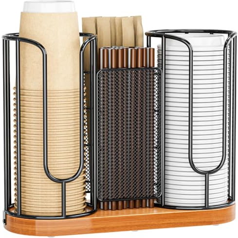 Coffee Cup and Lids Holder - 8oz-24oz Disposable Cups Organizer Wooden Base