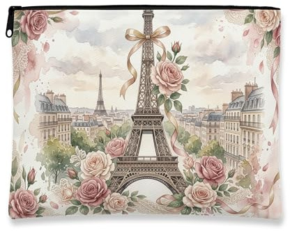 Beauty case vintage con motivo floreale con torre di Parigi, astuccio per cosmetici da donna, organizer da viaggio portatile in tela con cerniera, perfetto per vacanze primaverili ed estive, Pesca
