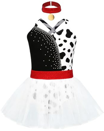 LiiYii Flicka baletttutu dansklänning unitards gymnastik cosplay jumpsuit ballettklänning tryckt med fläckar för flickor påsk, Svart och vit, 9-10 �r