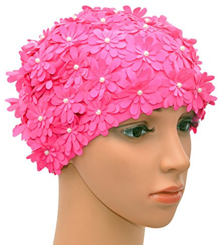 Medifier Schwimmhaube Mehrschichtig Blumen Blüten Retrostil Duschhaube Kappe für Damen rosa