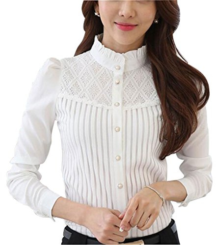 Dam chiffong vintage ståkrage button down skjorta långärmad spetsblus med stretch, Vitt, 48 SE