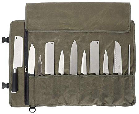 QEES Trousse De Couteaux Chef Professionnel Sac à Couteaux en Toile Cirée Sacoche Couteaux 11 Emplacements Vert