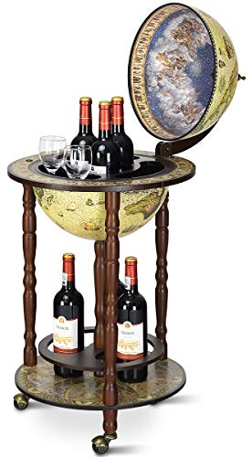 COSTWAY 330MM/360MM/400MM Globe Shaped Drink Cabinet, Wine Beverage Storage Trolley with Bottom Shelf and Wheels, Retro Wooden Mini Bar Bottle Stand (Cream, 330MM Globe)
