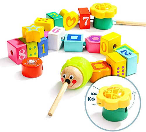 TOP BRIGHT Wooden Lacing Beads for Toddlers, Kids Fine Motor Skills Montessori Toys for 1 2 Year Old Girls Boys, Threading Toys for Two Year Old Girl Birthday Gifts