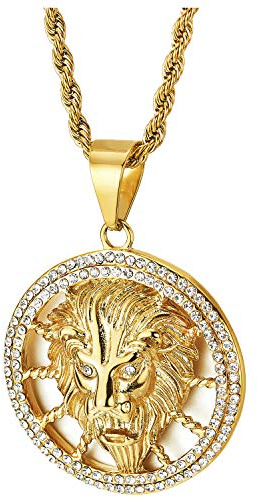 COOLSTEELANDBEYOND Edelstahl Herren Damen Große Goldfarben Löwenkopf Offenes Kreis Anhänger Halskette mit Zirkonia, 75cm Stahl Seil-Kette