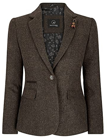 TruClothing Women Blazer Tweed Herringbone Wool Classic Smart Casual Vintage Check 1920s - Brown 04 12